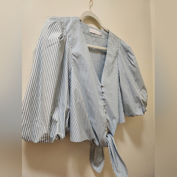 Jonathan Simkhai Ellen Blue White Stripe Cotton Oxford BabyDoll Puff Sleeve Top - Picture 5 of 16